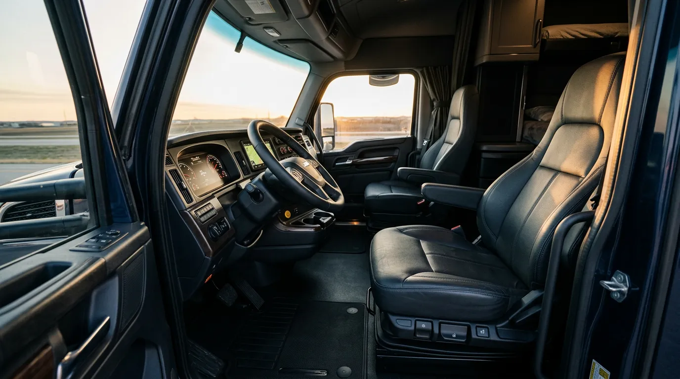Illustrative premium semi-truck cab interior with dark leather seats and warm light